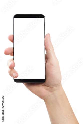Hand holding a black smartphone, isolated on white background