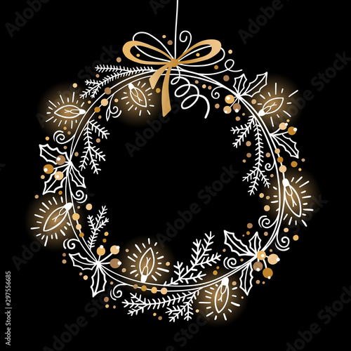 Christmas Festive wreath of fir branches, holly, garland lights. Graphic vector illustration