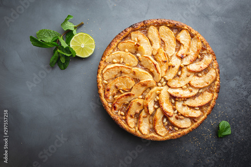 Homemade delicious fresh baked rustic apple pie on dark background, top view photo