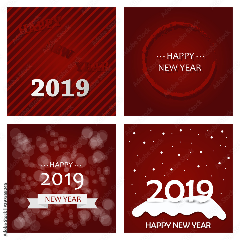Set of Happy New Year 2019 text design. Vector greeting illustration with golden numbers and snowflake