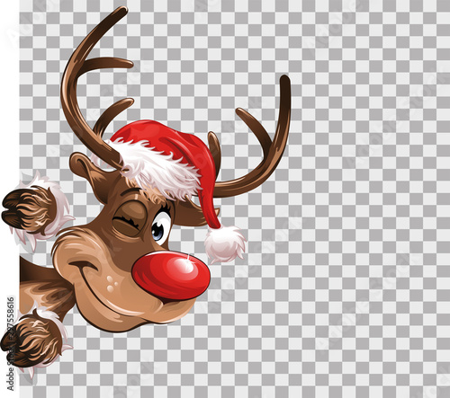 Fotografiet Rudolph Christmas red hat transparent isolated Background Vector Illustration