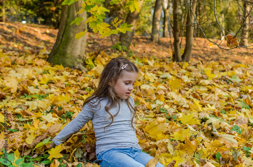 Little charming girl child throws up fallen yellow maple leaves in autumn park Little charming girl child throws up fallen yellow maple leaves in autumn park