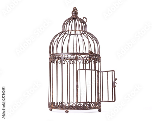 Behang Empty birdcage on white background