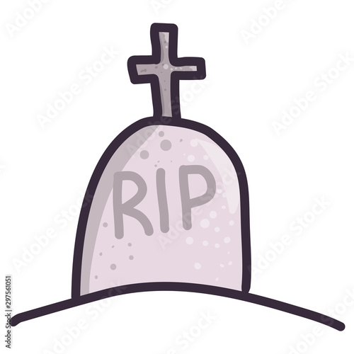 Cartoon illustration with rip gravestone with cross on white background. Flat vector icon. Scary halloween art. Tombstone cemetery isolated.