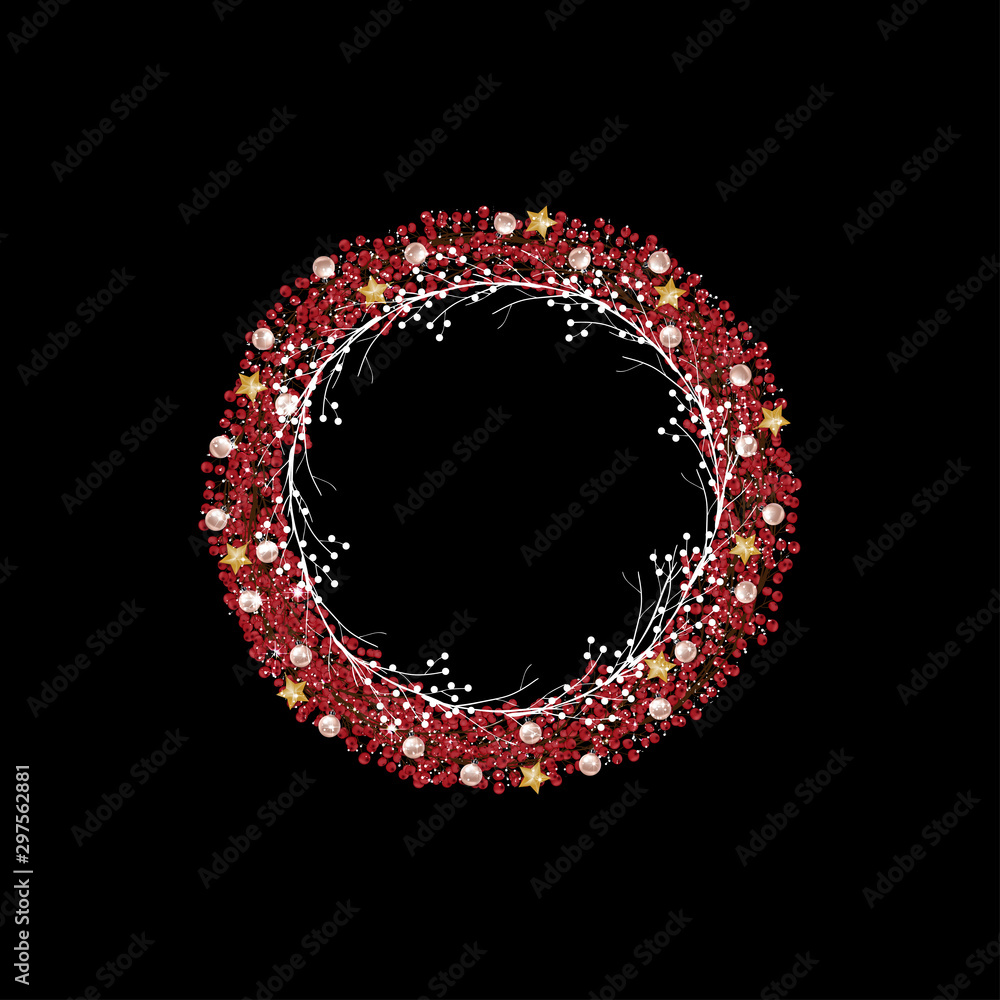 Christmas wreath with red bow, berry branches with snow and shiny pearl balls with golden stars in round shape, isolated on white background. Vector ornament for decoration on Christmas, new year Christmas wreath with red bow, berry branches with snow and shiny pearl balls with golden stars in round shape, isolated on white background. Vector ornament for decoration on Christmas, new year