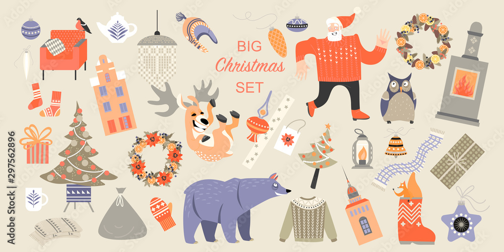 Set of illustrations on a Christmas theme with funny characters, Christmas decorations, gifts and cozy winter accessories