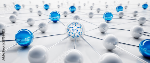Blue and white sphere network structure - abstract design connection design - 3D illustration	
