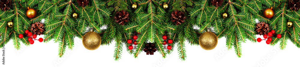 Amazing christmas border with fresh fir branches isolated on white. Golden balls, fir branches and red berries composition.