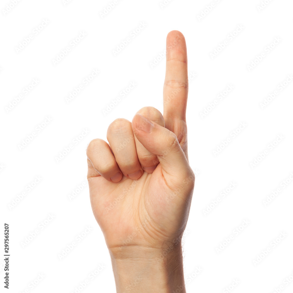 Finger spelling number 1 in American Sign Language on white background. ASL concept Finger spelling number 1 in American Sign Language on white background. ASL concept