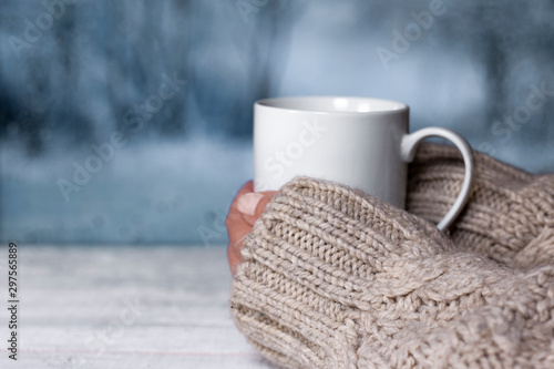 Wallpaper Mural Woman's hands in sweater holding cup with hot drink and blurred winter landscape colors on background. Winter comfort concept. Torontodigital.ca