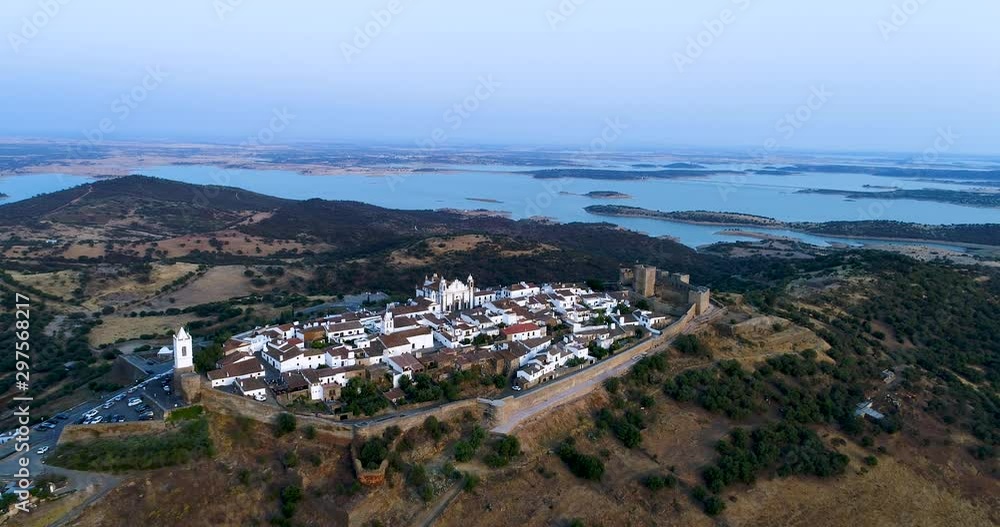 Aerial view of the beutiful historical village of Monsaraz, in Alentejo, Portugal; Concept for travel in Portugal Aerial view of the beutiful historical village of Monsaraz, in Alentejo, Portugal; Concept for travel in Portugal