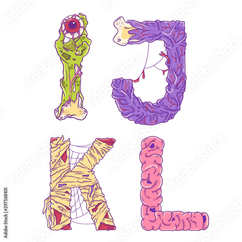 Scary zobmie cartoon letters I, J, K, L for Halloween decor