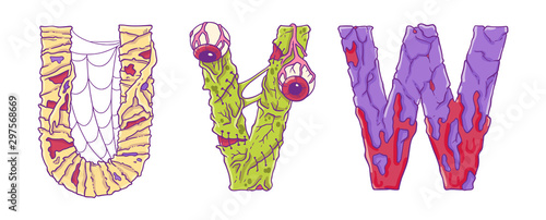 Scary zobmie cartoon letters U, V, W for Halloween decor