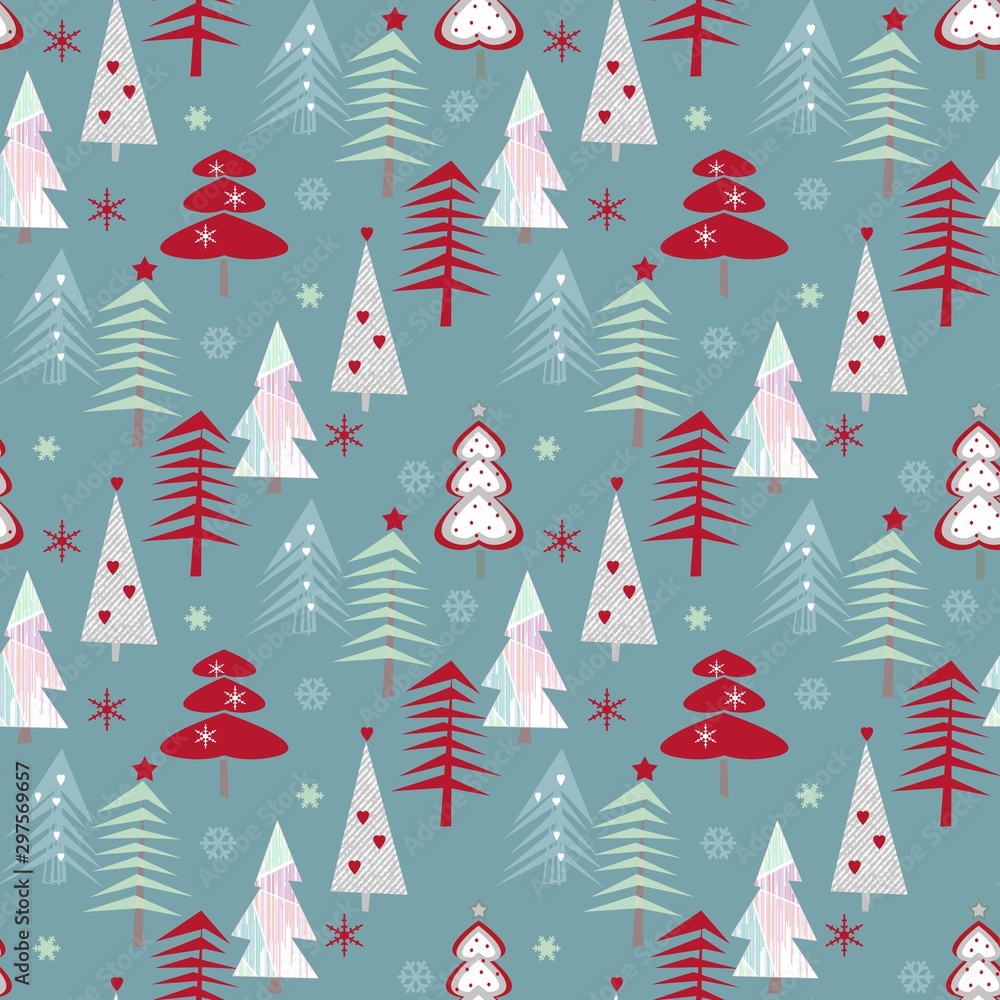 Seamless festive pattern. Christmas trees and snowflakes in red, white and blue.