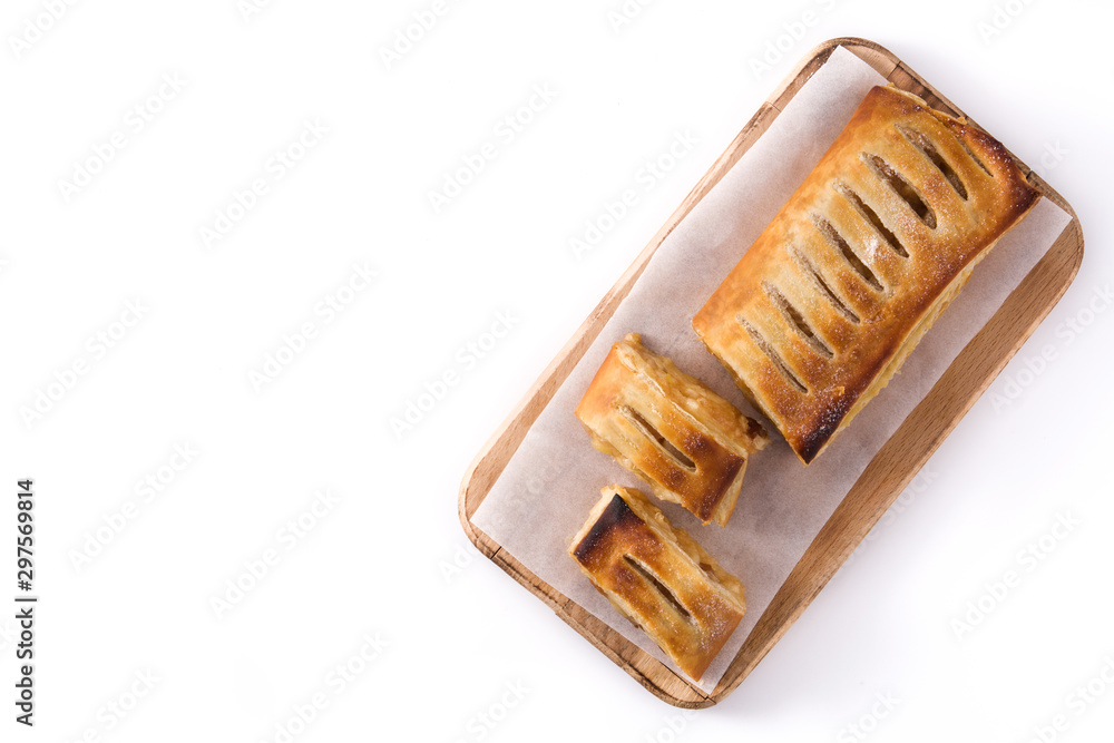 Traditional homemade apple strudel slice isolated on white background. Top view. Copy space Traditional homemade apple strudel slice isolated on white background. Top view. Copy space