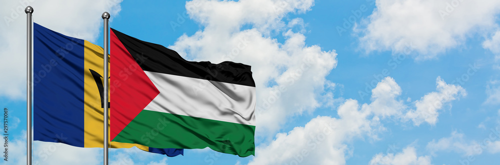 Barbados and Palestine flag waving in the wind against white cloudy blue sky together. Diplomacy concept, international relations. Barbados and Palestine flag waving in the wind against white cloudy blue sky together. Diplomacy concept, international relations.