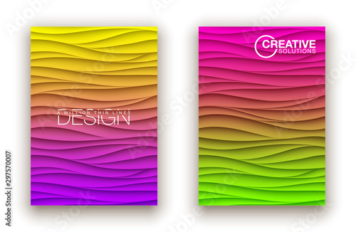 Minimal fluid covers design wall panel. Halftone colorful realistic 3d relief wave design. Future liquid modern interior gypsum stucco relievo patterns. Eps10 vector background set.