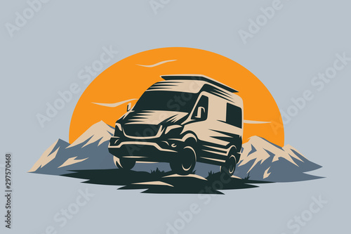 Camper van illustration with rocks and mountains. RV vehicle standing on rocks on the sunset. Vector illustration.