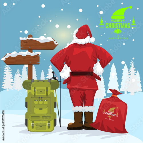 Santa Claus looking at a arrow with winter landscape and snowflakes. Cartoon vector illustration.