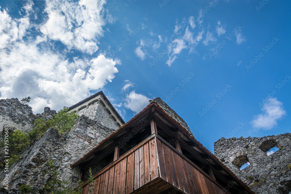 Low angle looking up at castle Kamen in Slovenia Low angle looking up at castle Kamen in Slovenia