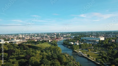 aerial view of the city of Lille, the deûle canal and its green park, the citadel