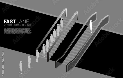 One Silhouette of businessman move faster than the group with escalator.Concept for business advantage and fast lane.