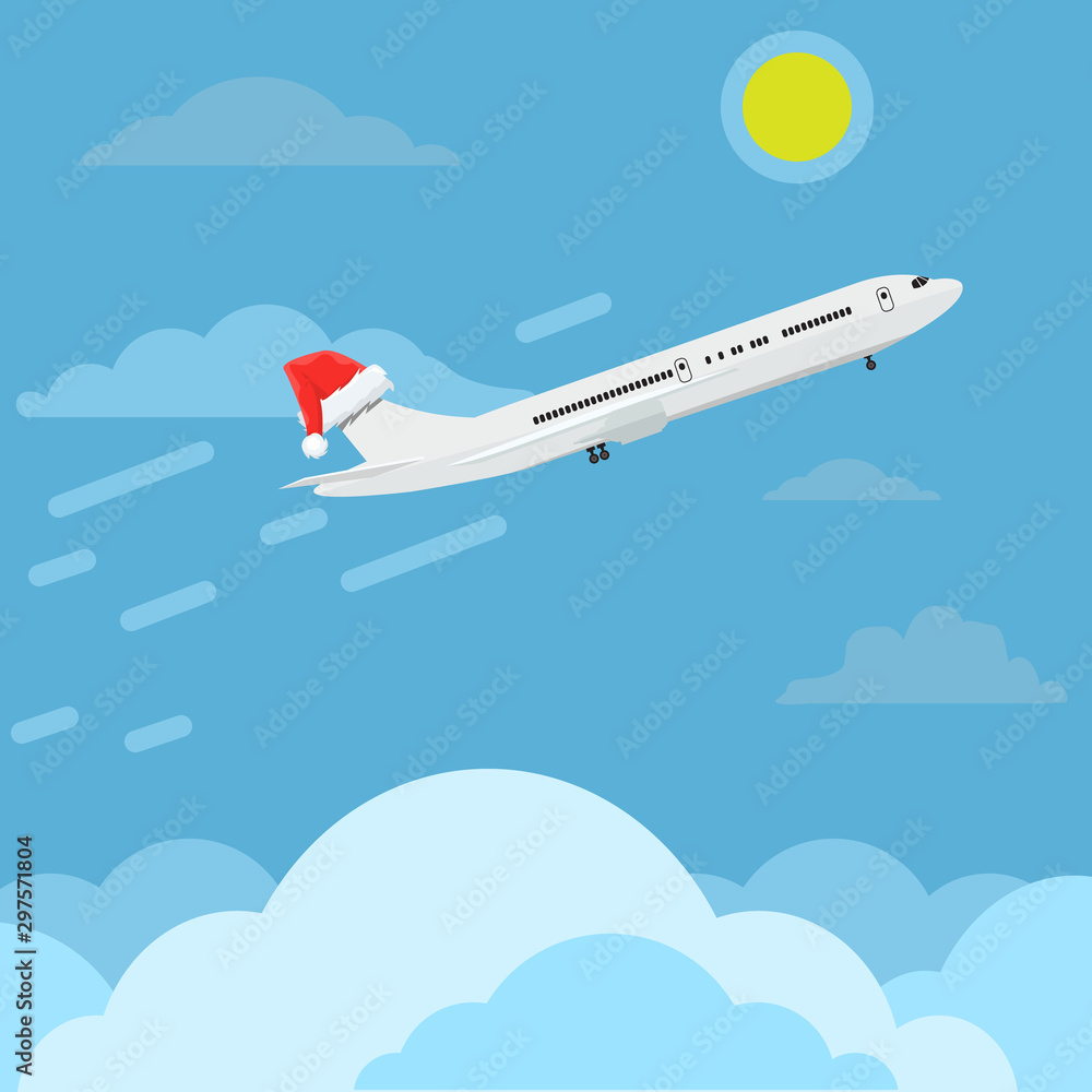 Airplane with santa claus cap or hat flying in sky. Travel and christmas concept ads design. Vector illustration.