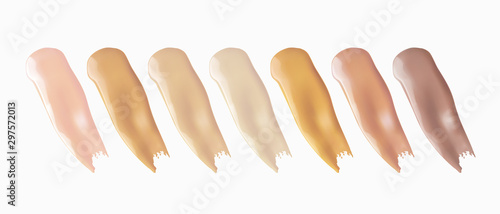Foundation and lip gloss smears texture isolated on white background. Liquid color smudge swatch set. Vector cosmetic makeup concealer shades.