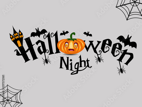 Typography on Halloween Night Text Banner with spider, pumpkin, haunted house_Vector, Illustration.