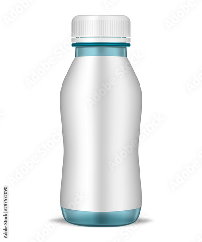 Blue yogurt bottle with blank label isolated on white background, realistic mockup illustration. Liquid food product, drinking yoghurt, beverage vector template