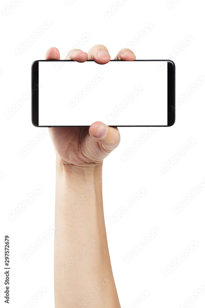 Hand holding a black smartphone, isolated on white background Hand holding a black smartphone, isolated on white background