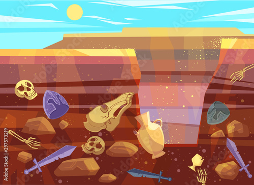 Archaeological excavations, cartoon vector illustration. Desert landscape with sand dunes, bright sun and dug pit. Underground soil with fossils and ancient artifacts in them, cross section