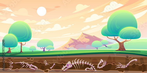 Green valley with trees and mountain landscape, underground cross section with layers of soil and fossils, skeletons of ancient dinosaurs, cartoon vector illustration