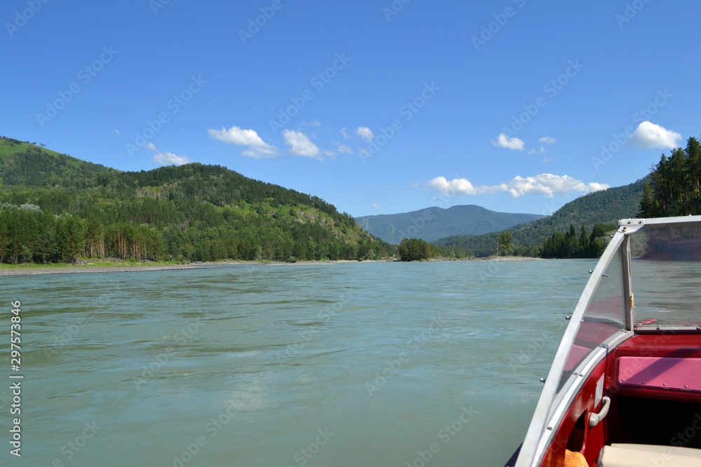 Katun river in Altai, a view from a boat on the Bank of Katun