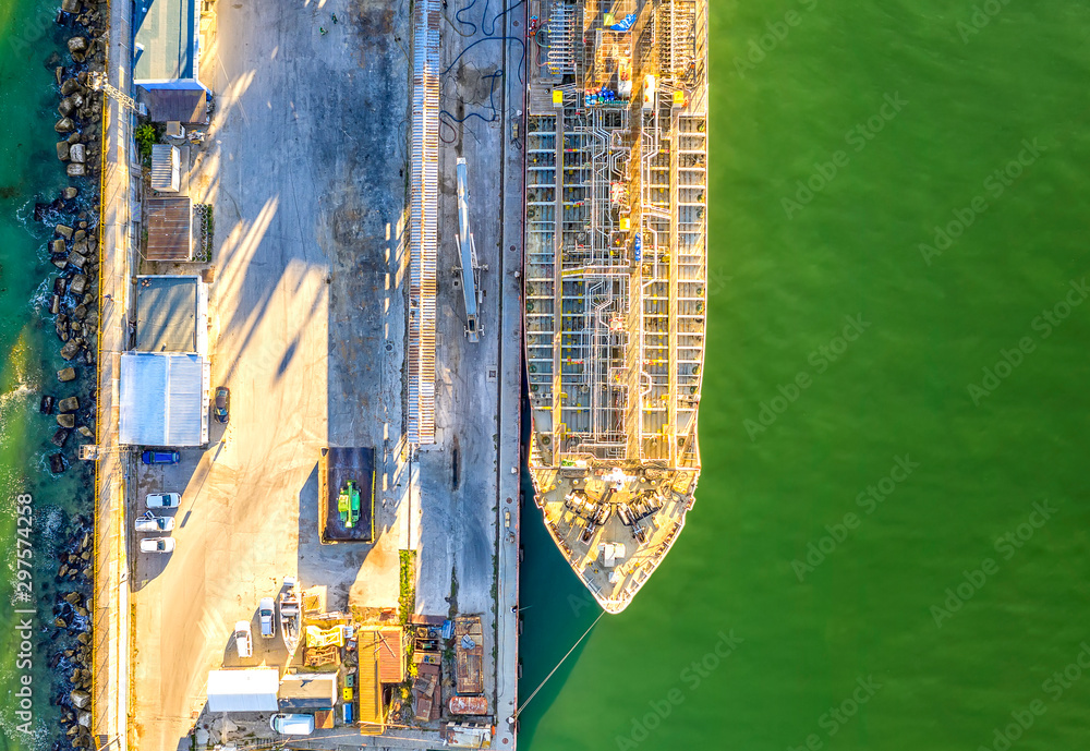 A part of a tanker of the city port. Aerial top view from a drone. Concept  export ship foto de Stock | Adobe Stock
