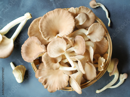 Indian oyster or lung oyster mushroom in bamboo basket top view on grey background. photo