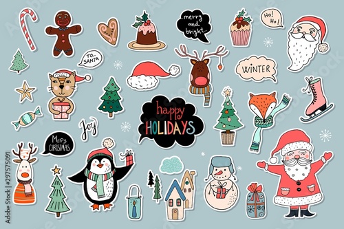 Christmas stickers/badges/magnets collection with seasonal elements, Santa, snowman and other funny characters, isolated