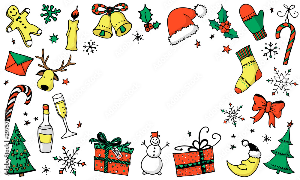 Fototapeta premium Christmas colorfull cartoon background with place for your text. Hand drawn x-mas symbols. Clip art for winter design. New Year doodle icons. Vector illustration