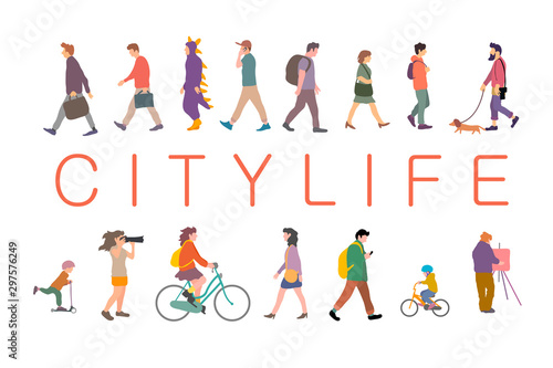 Group of different people living in the city. Urban life. City life. Flat design concept. 