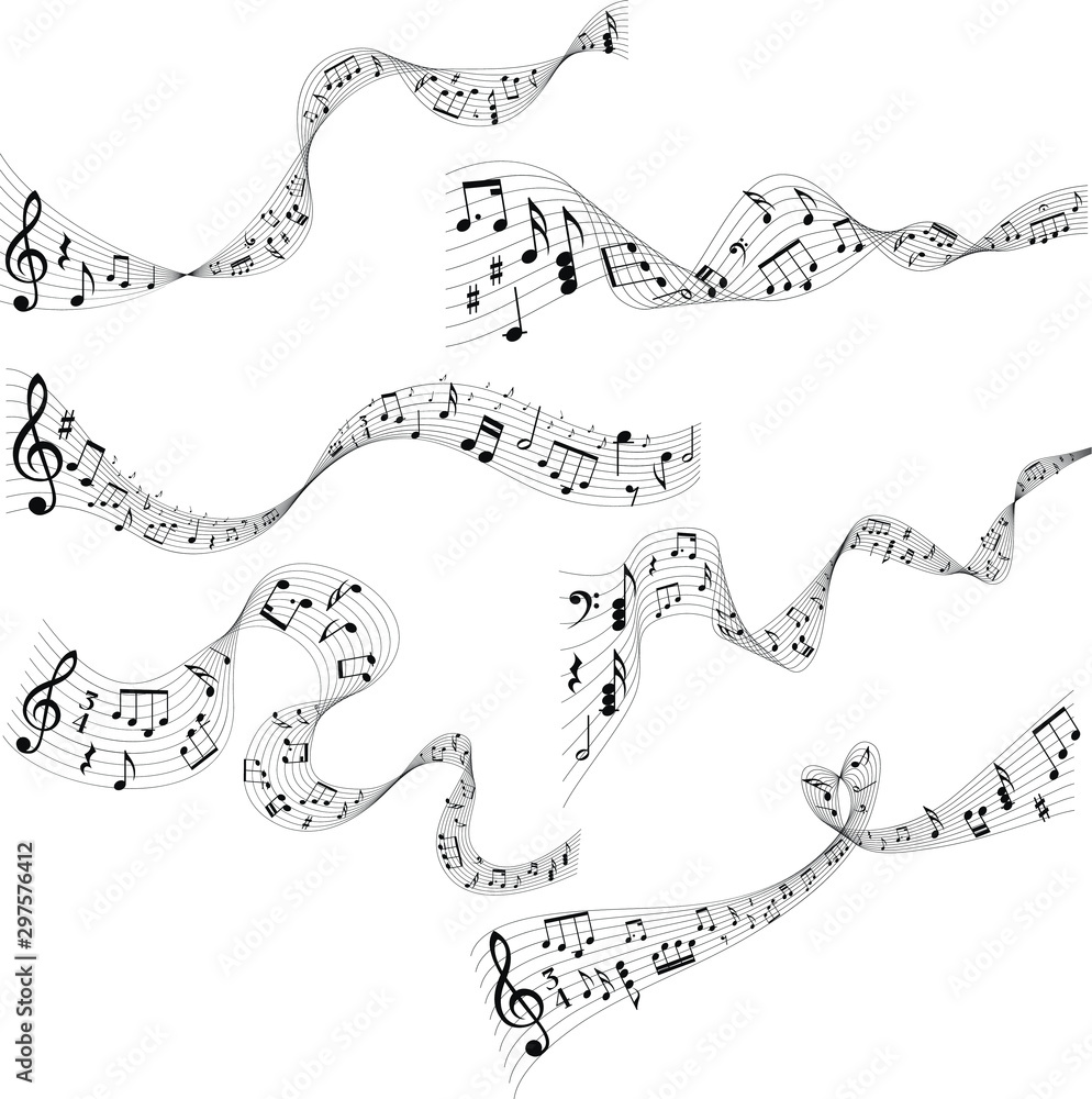 Abstract wavy musical scores with many lines. Monochrome notes and G clef. Set of vector musical notes. Abstract wavy musical scores with many lines. Monochrome notes and G clef. Set of vector musical notes.