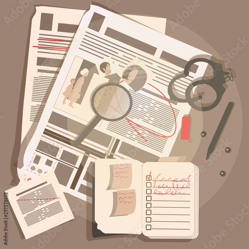 detective; detection; element; face; illustration; crime; article; communication; information; investigator; concept; criminal; cartoon; evidence; sherlock; newspaper; search; flat; board; search; law