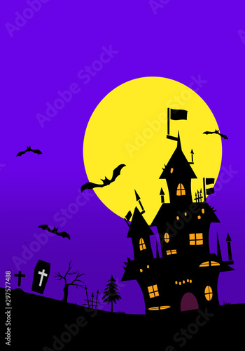 Halloween background material. Castle, bats and grave. ハロウィンの背景素材. 城、コウモリ、墓。