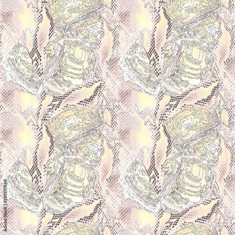 Seamless abstract pattern. White-pink snake skin with tortoiseshell inserts. Seamless abstract pattern. White-pink snake skin with tortoiseshell inserts.