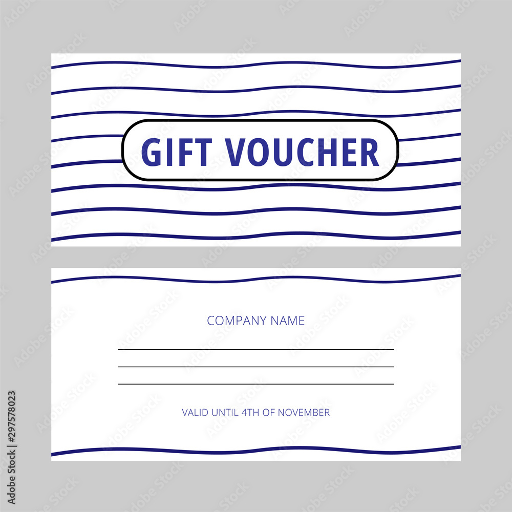 Retro gift voucher with blue waves on the white background. Two sides.  Vector sea style coupon template. Standard scaled size: 210*99 mm (8,3*3,4  in) Stock Vector | Adobe Stock