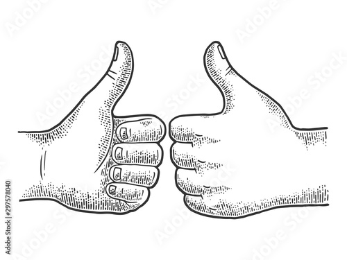 Thumb up hand gesture sketch engraving vector illustration. Recommend. Scratch board imitation. Black and white hand drawn image.
