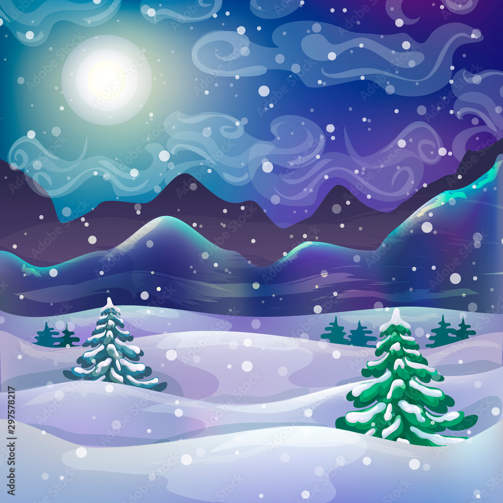 vector winter wonderland night background with snowfall snowy forest and mountains. mountain landscape. christmas magic starry night scene. dark blue xmas card template.winter holiday panoramic banner