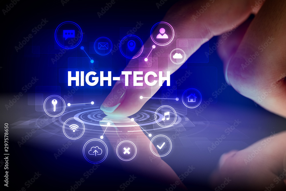 Finger touching tablet with web technology icons and HIGH-TECH inscription, web technology concept