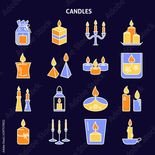 Candle icons set in colored line style on dark background