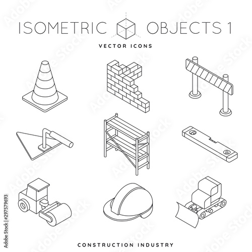 Isometric construction industry objects vector outline icon