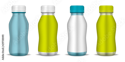 Clear bottle with round screw cap and blank label, realistic mockup illustration. Liquid food product, drink container package set, vector template. Easy to recolor